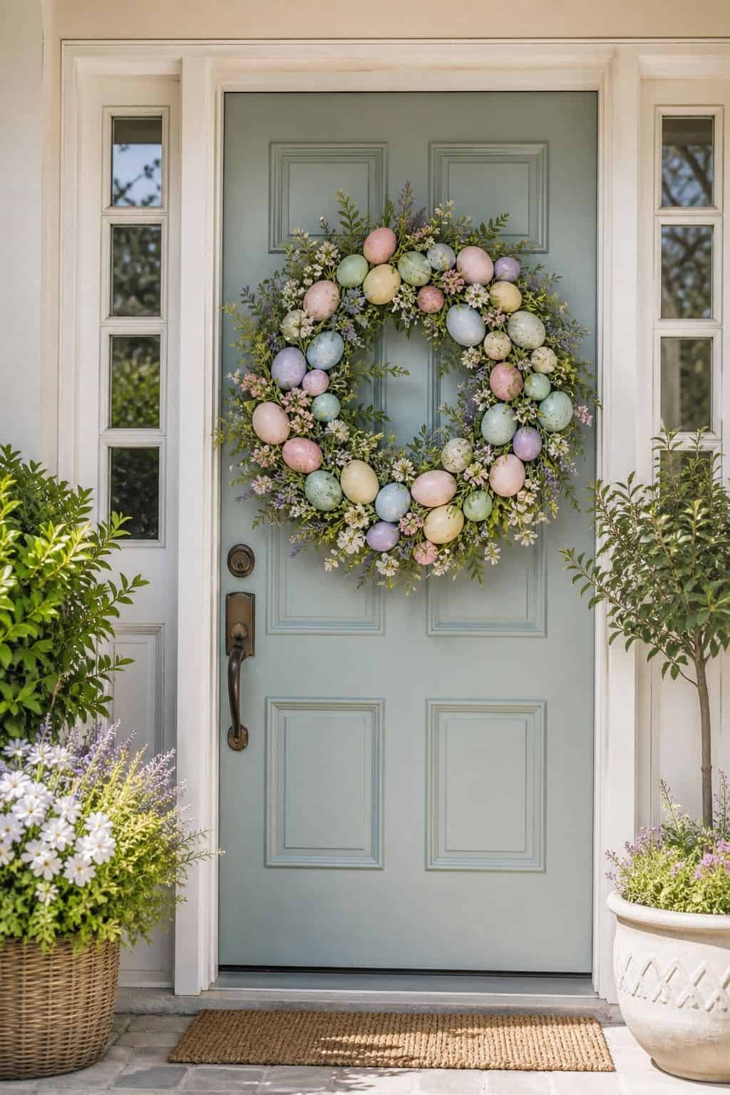 Pastel Egg Wreath shown as a realistic Pretty Wild World image for 16 Easter Wreath Ideas for a Fresh Cheerful Front Door.