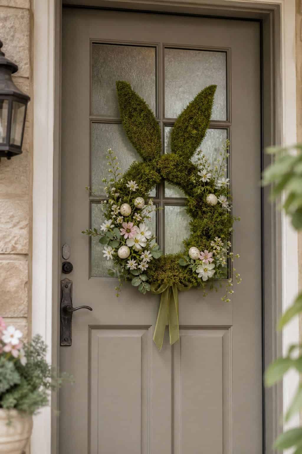 Moss Bunny Wreath shown as a realistic Pretty Wild World image for 16 Easter Wreath Ideas for a Fresh Cheerful Front Door.
