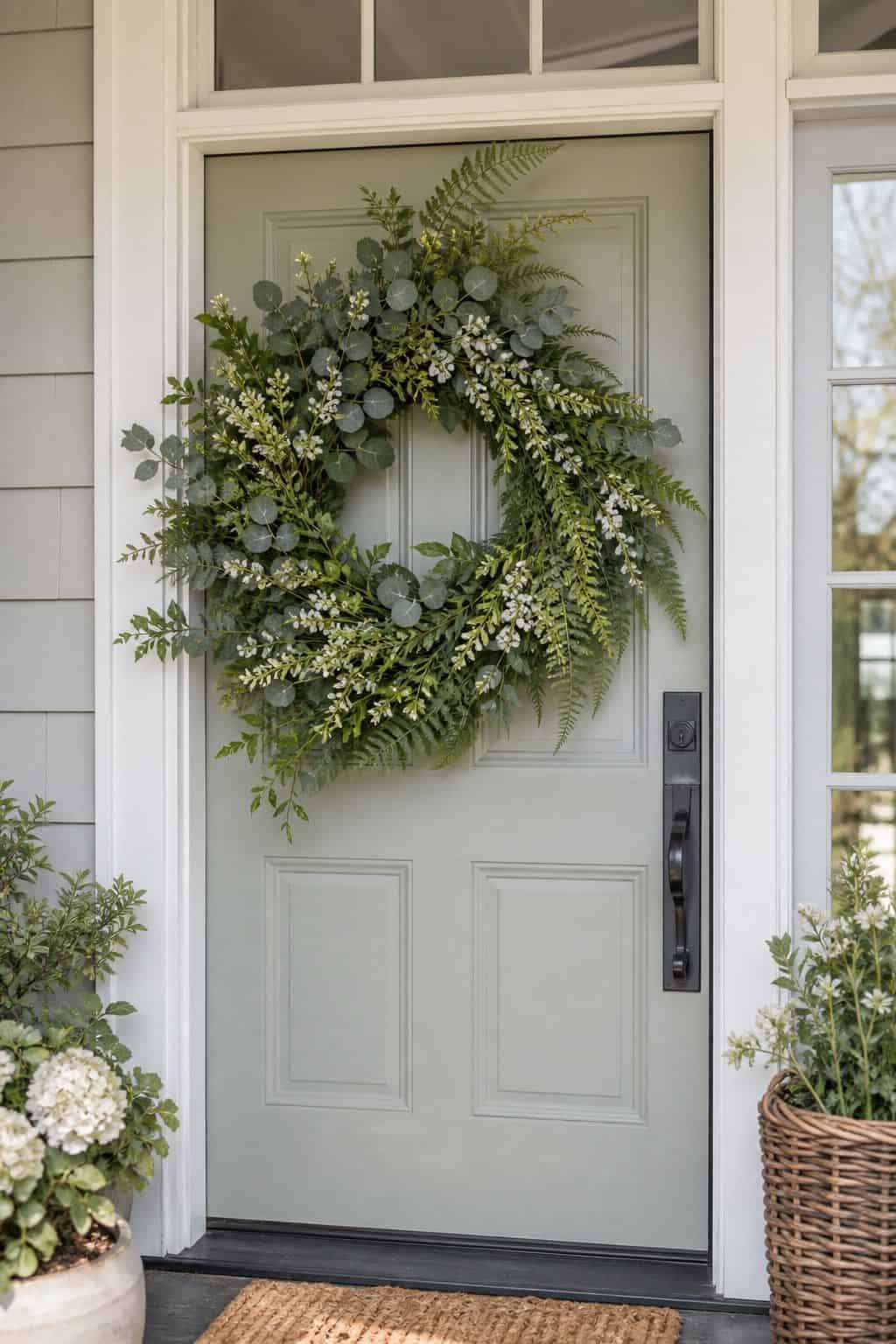 Greenery Wreath shown as a realistic Pretty Wild World image for 16 Easter Wreath Ideas for a Fresh Cheerful Front Door.