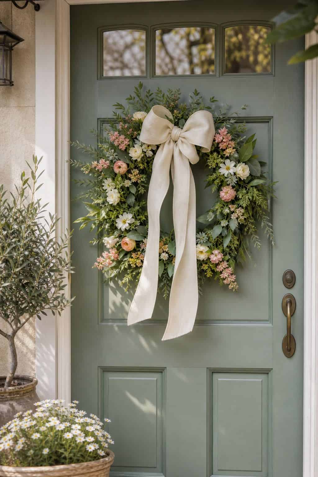Ribbon Bow Wreath shown as a realistic Pretty Wild World image for 16 Easter Wreath Ideas for a Fresh Cheerful Front Door.
