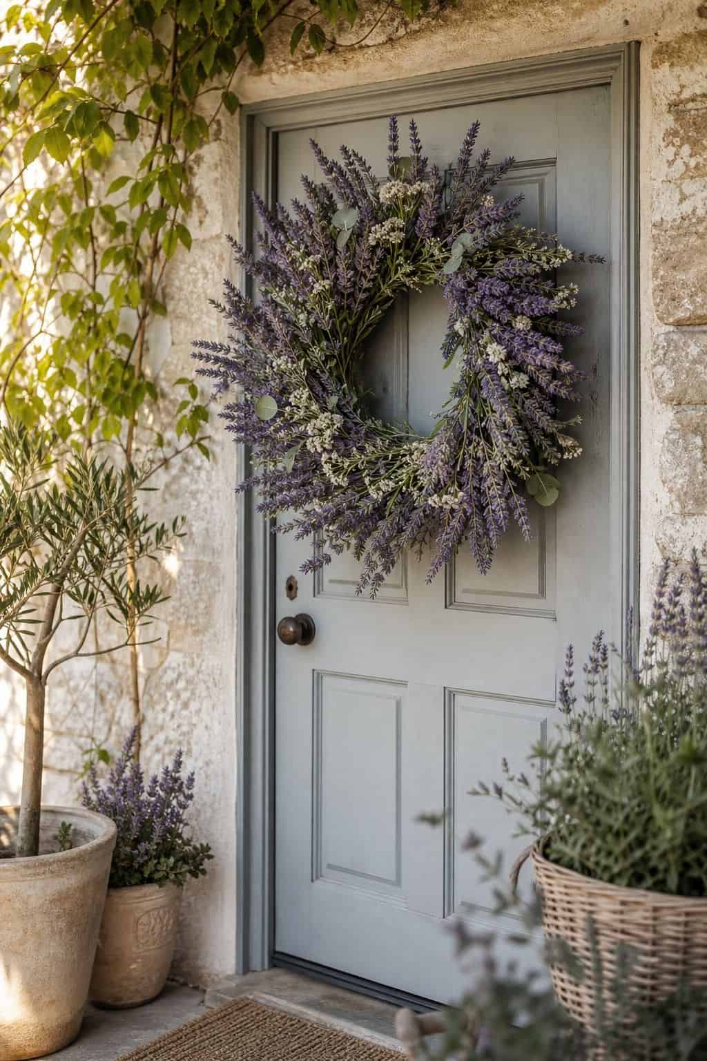 Lavender Wreath shown as a realistic Pretty Wild World image for 16 Easter Wreath Ideas for a Fresh Cheerful Front Door.