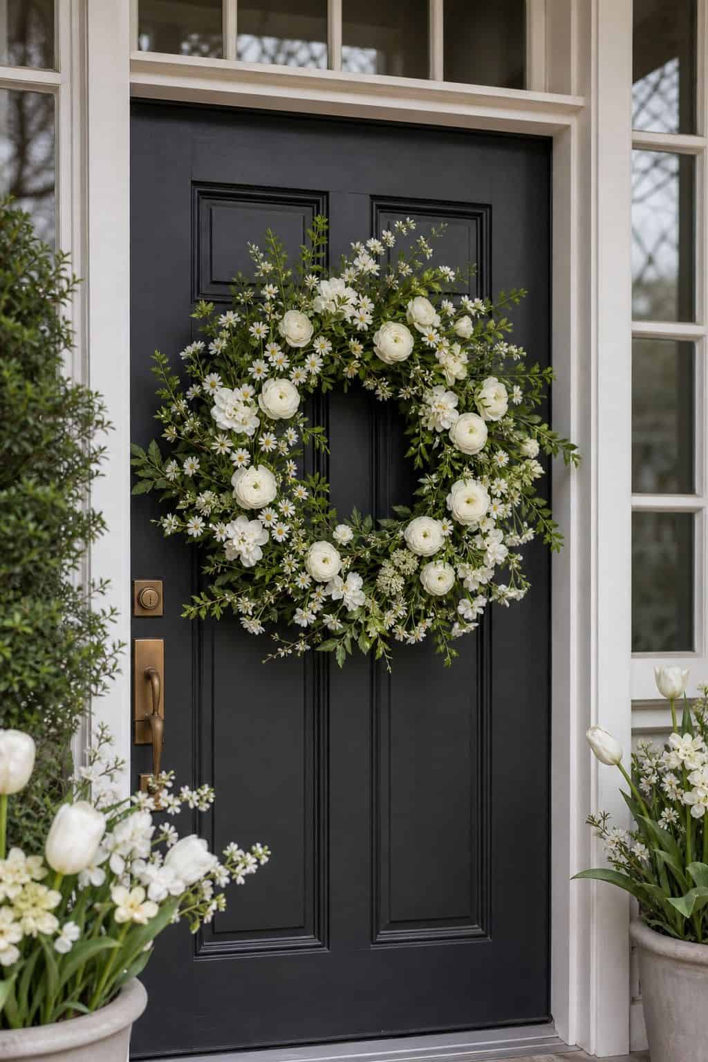 White Flower Wreath shown as a realistic Pretty Wild World image for 16 Easter Wreath Ideas for a Fresh Cheerful Front Door.