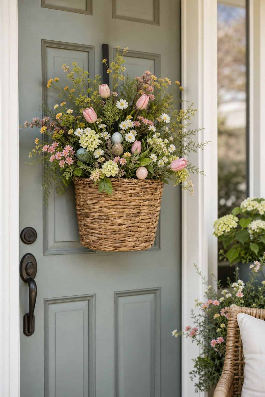 Basket Wreath shown as a realistic Pretty Wild World image for 16 Easter Wreath Ideas for a Fresh Cheerful Front Door.
