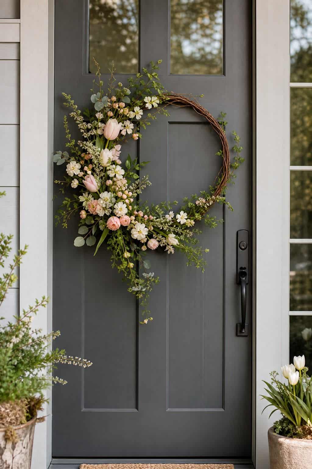 Asymmetrical Spring Wreath shown as a realistic Pretty Wild World image for 16 Easter Wreath Ideas for a Fresh Cheerful Front Door.