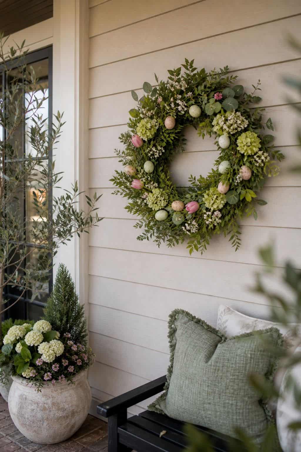 Porch Wall Wreath shown as a realistic Pretty Wild World image for 16 Easter Wreath Ideas for a Fresh Cheerful Front Door.