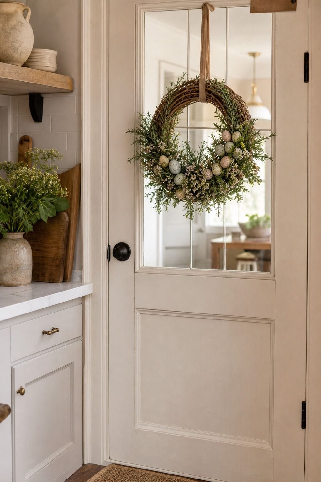 Kitchen Door Wreath shown as a realistic Pretty Wild World image for 16 Easter Wreath Ideas for a Fresh Cheerful Front Door.