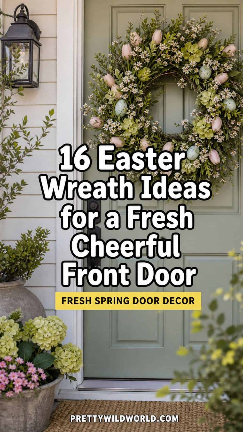 Pinterest pin for 16 Easter Wreath Ideas for a Fresh Cheerful Front Door from Pretty Wild World.