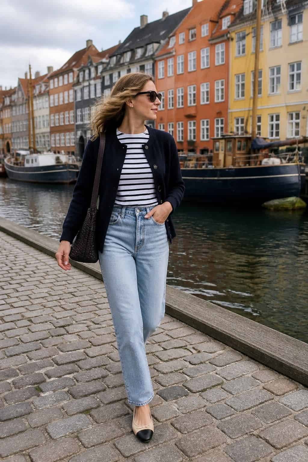 Striped Tee with a Navy Cardigan styled as a Copenhagen spring outfit for Pretty Wild World.