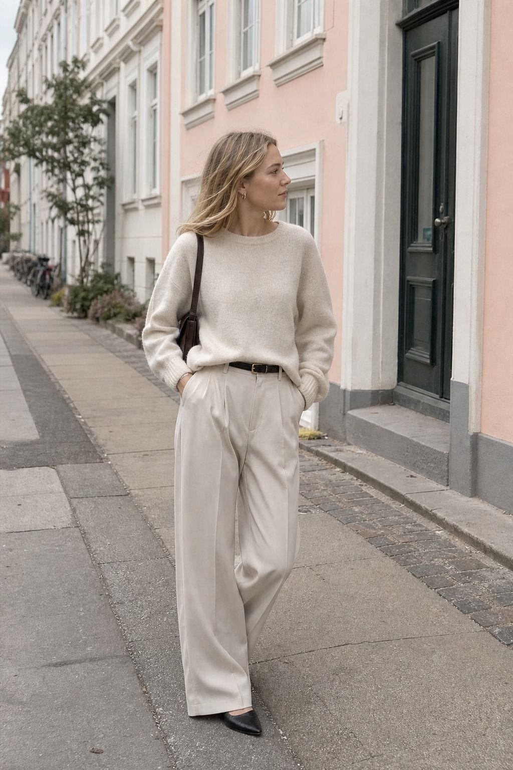 Light Knit with Wide Leg Trousers styled as a Copenhagen spring outfit for Pretty Wild World.
