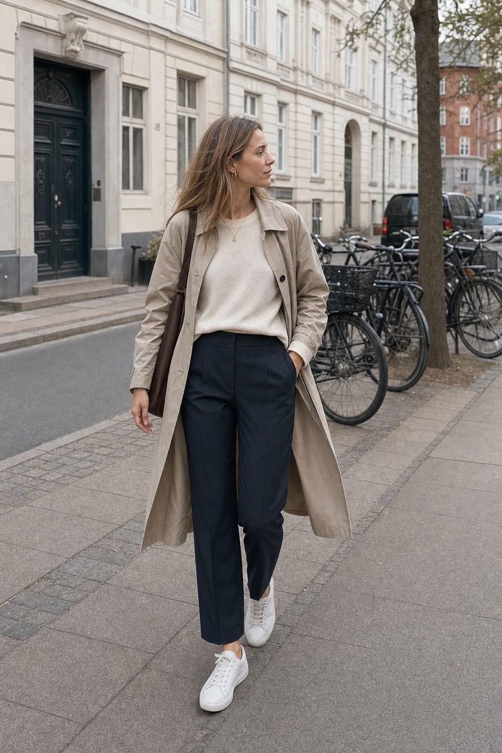 White Sneakers with Tailored Pants styled as a Copenhagen spring outfit for Pretty Wild World.