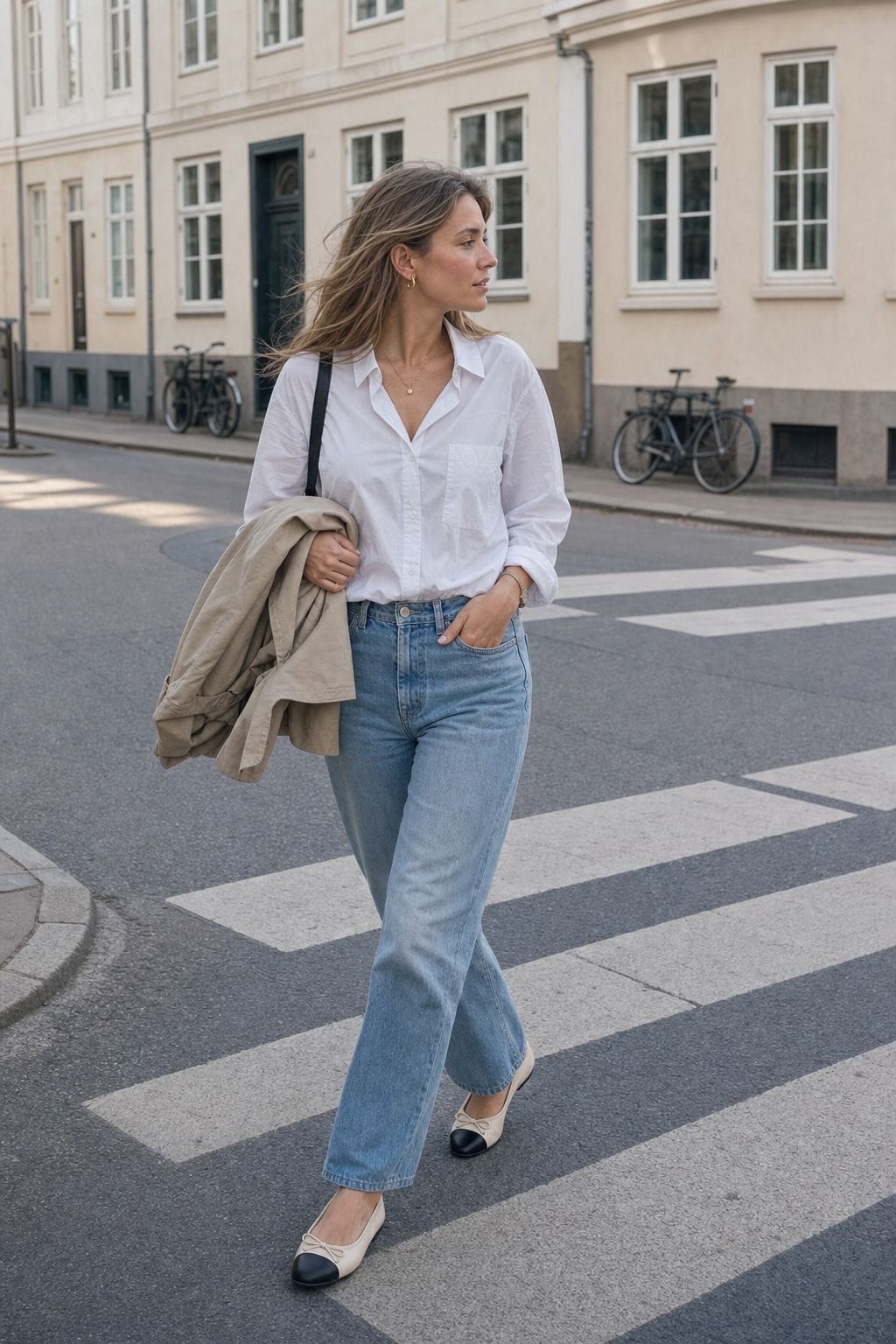 Button Down Shirt with Relaxed Denim styled as a Copenhagen spring outfit for Pretty Wild World.
