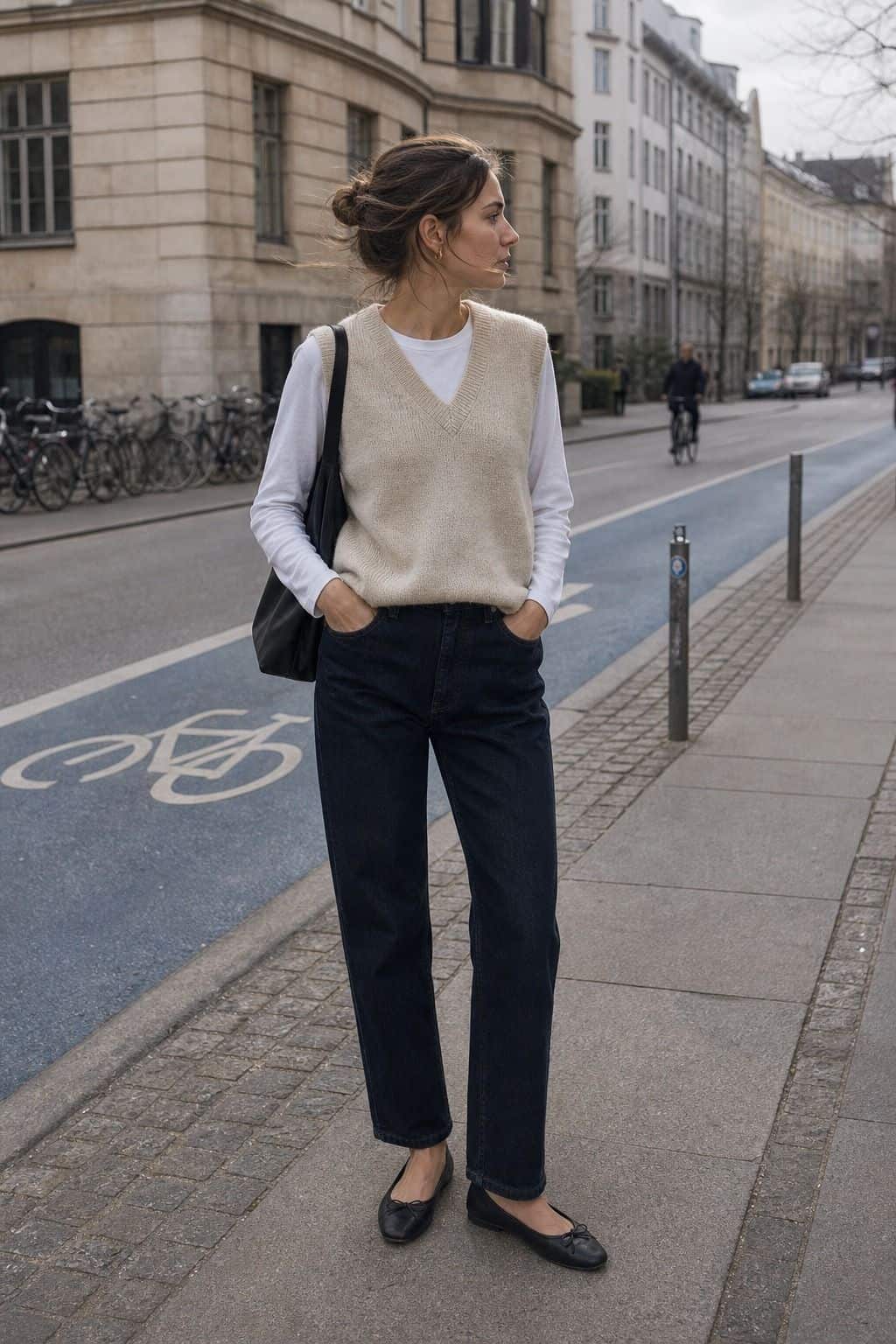 Vest Layer over a Long Sleeve Tee styled as a Copenhagen spring outfit for Pretty Wild World.
