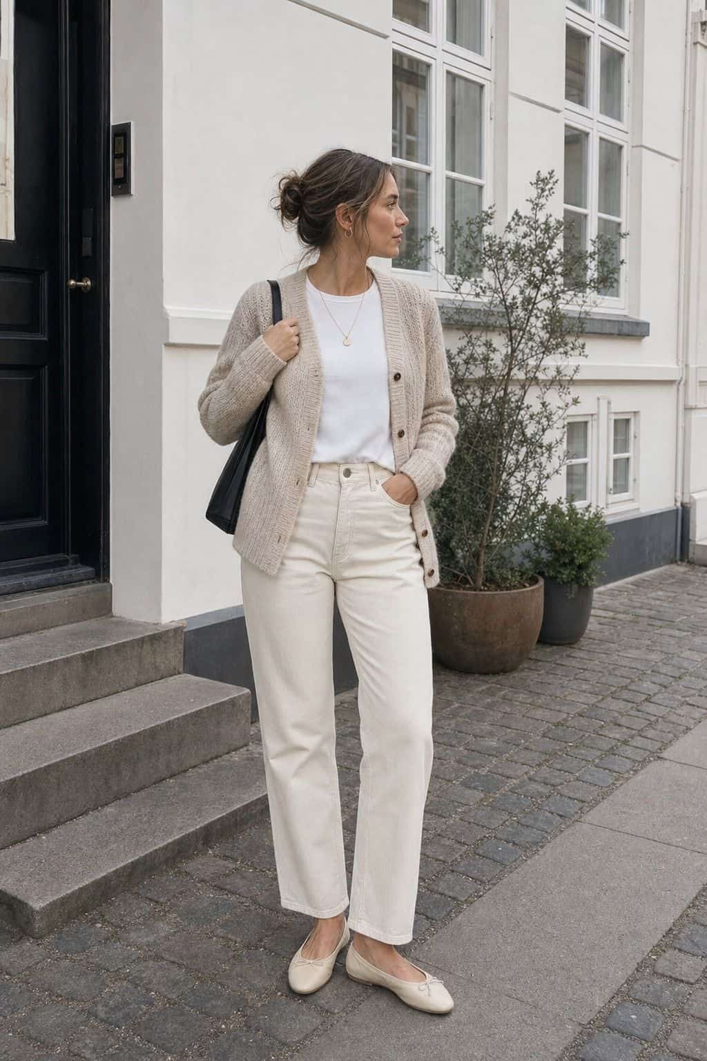 Cardigan with Ecru Jeans styled as a Copenhagen spring outfit for Pretty Wild World.