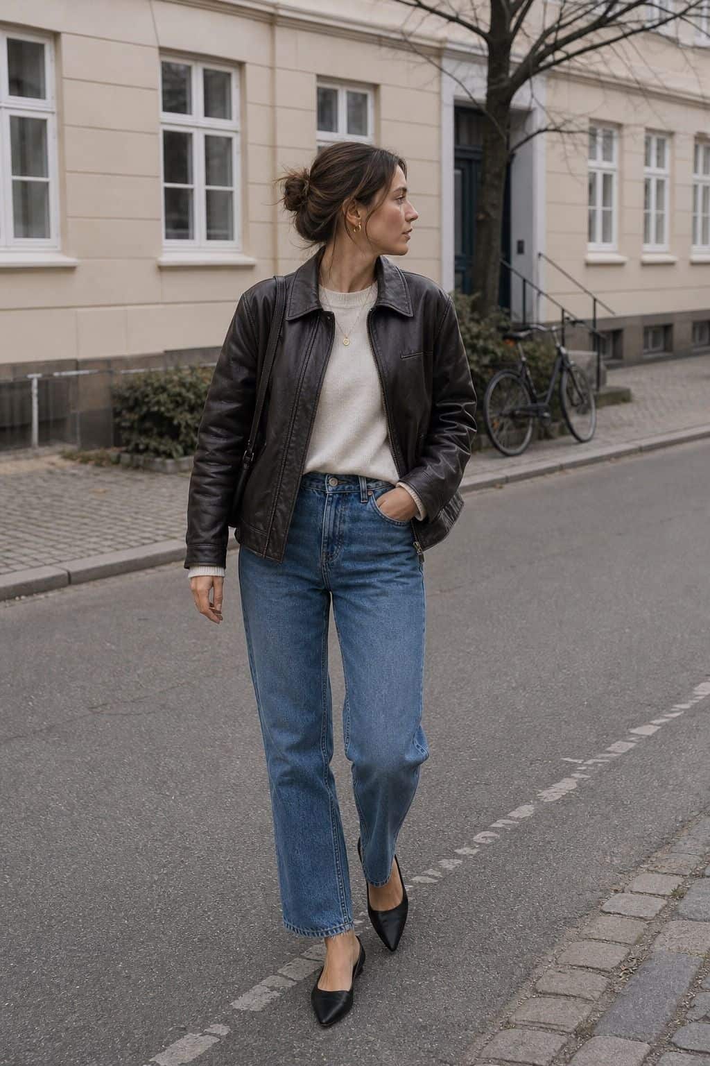 Leather Jacket with Blue Denim styled as a Copenhagen spring outfit for Pretty Wild World.