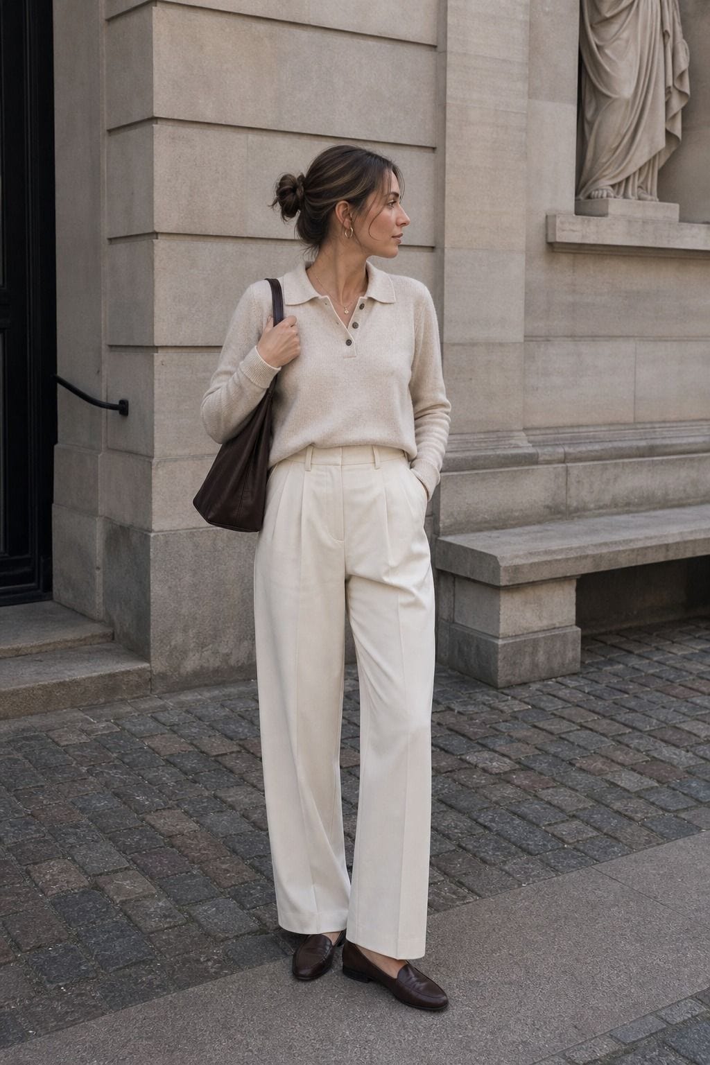 Polo Knit with Pleated Trousers styled as a Copenhagen spring outfit for Pretty Wild World.