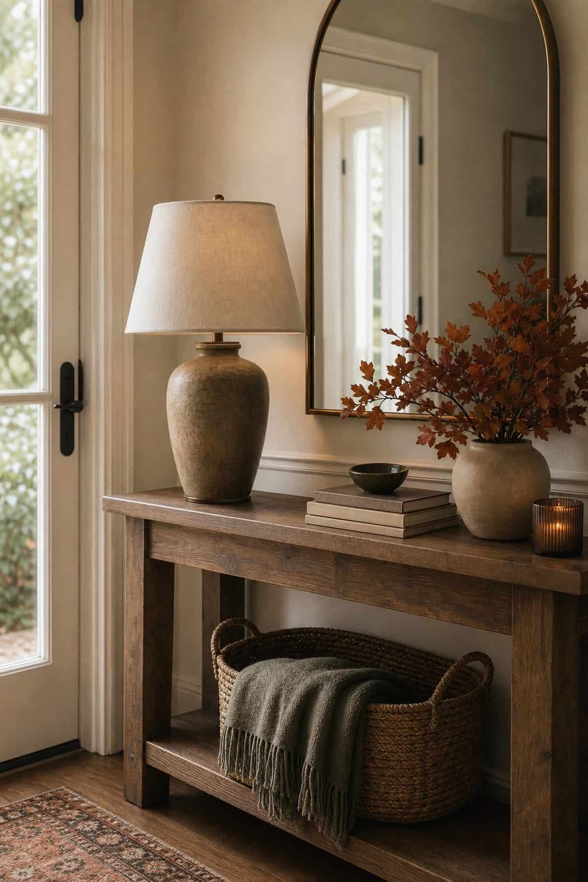 Wood entry console with a ceramic table lamp and cream shade under an arched mirror, red leaf branches in a vase and a basket with a green throw below