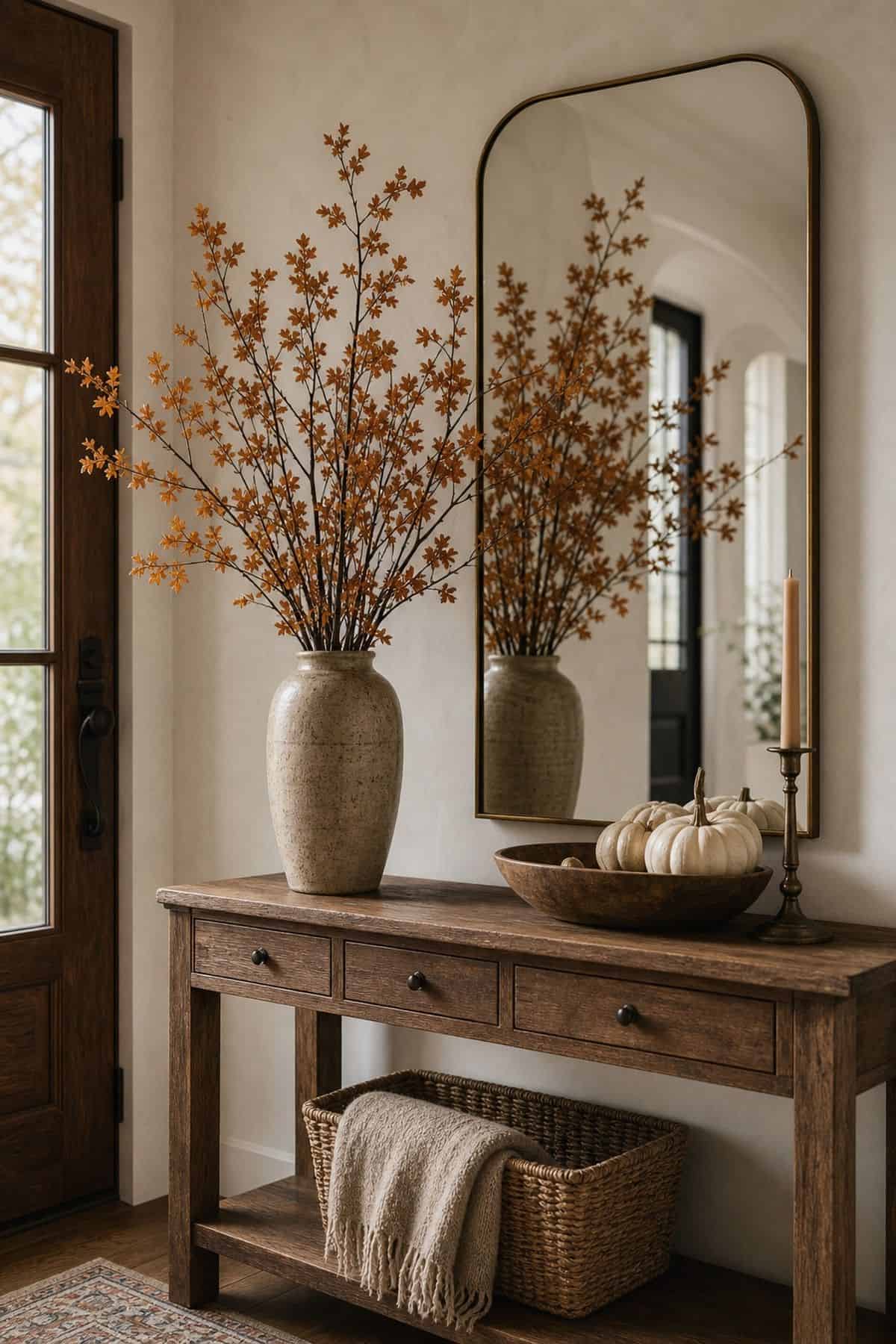 Tall branches with orange and rust leaves in a stone colored vase on an entry console, reflected in an arched mirror, with a wood bowl of white pumpkins