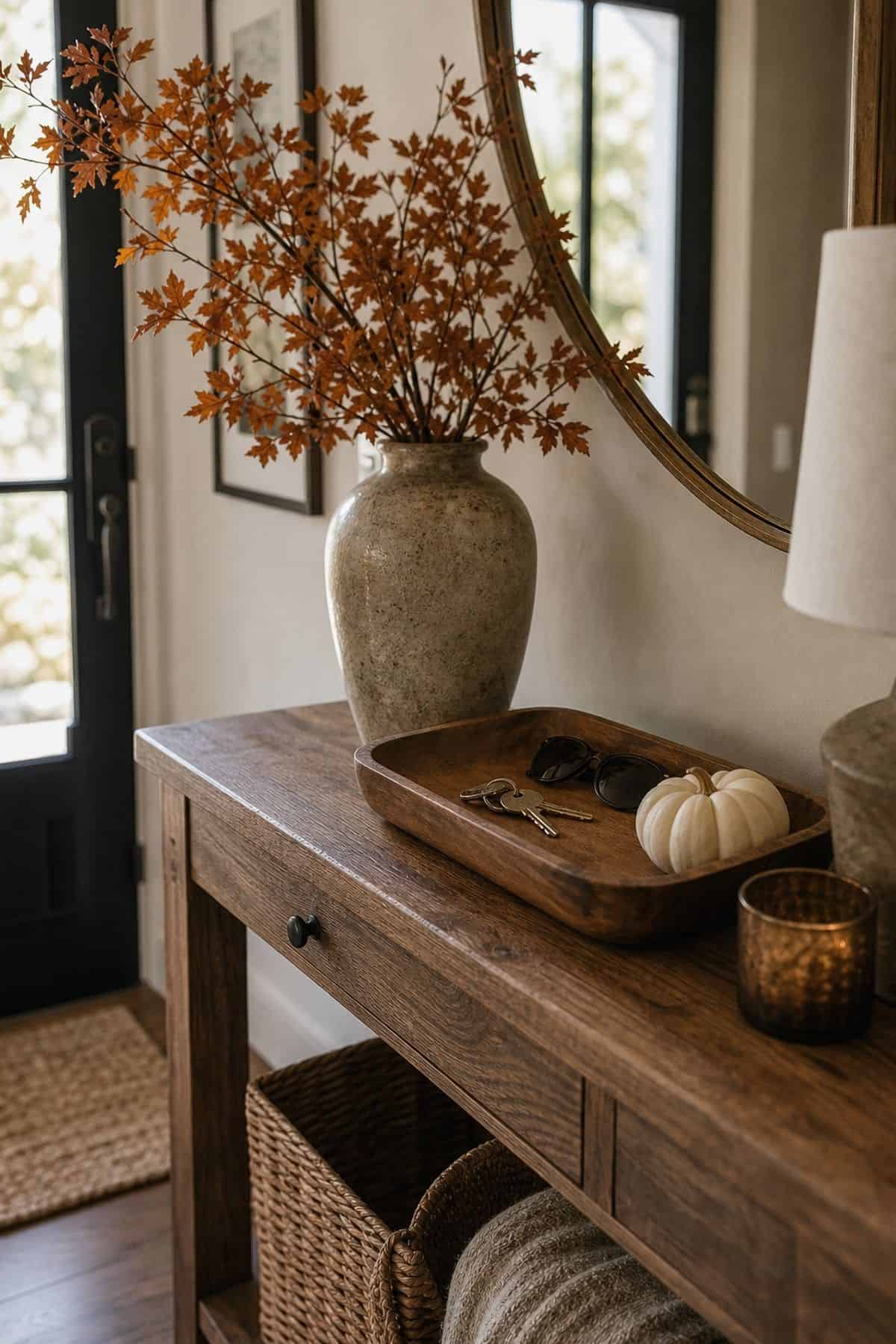 Dark wood catchall tray holding sunglasses and a small white pumpkin on an entry console with a vase of branches and an amber glass candle