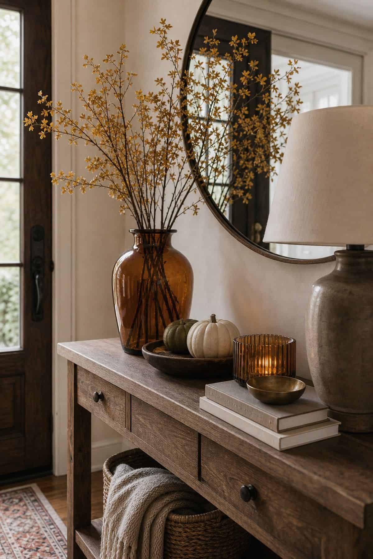 Amber glass vase with dried branches and an amber votive on a stack of books next to a bowl of tiny pumpkins and a ceramic lamp on an entry table