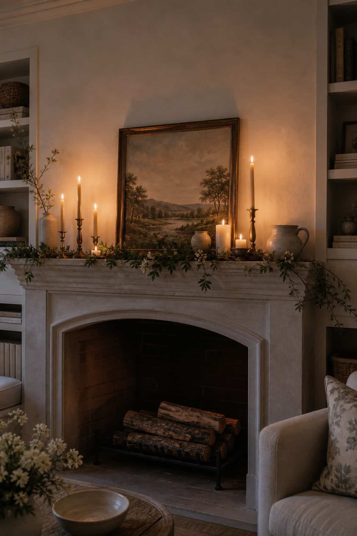 Mantel with a trailing ivy garland, a countryside painting and lit taper candles in brass candlesticks above a fireplace with logs