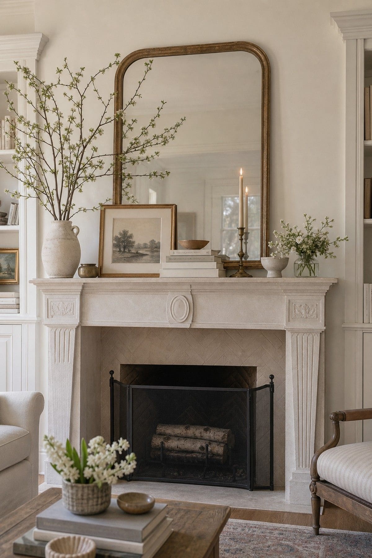 Pale stone mantel with a brass candlestick and cream taper next to a large gilded arched mirror and a white vase of budding branches