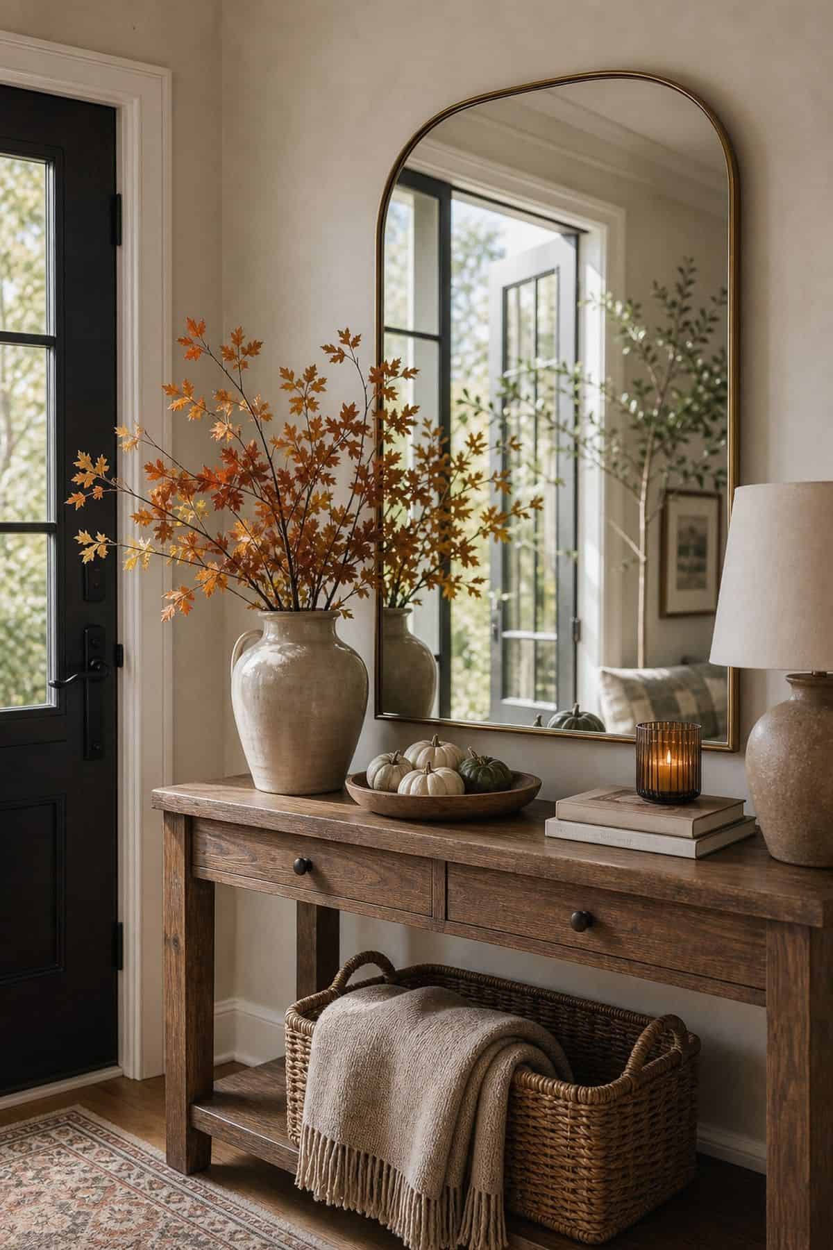 Arched mirror above a wood entry console reflecting window light, with orange leaf branches, a lamp, a candle and a basket with a throw below