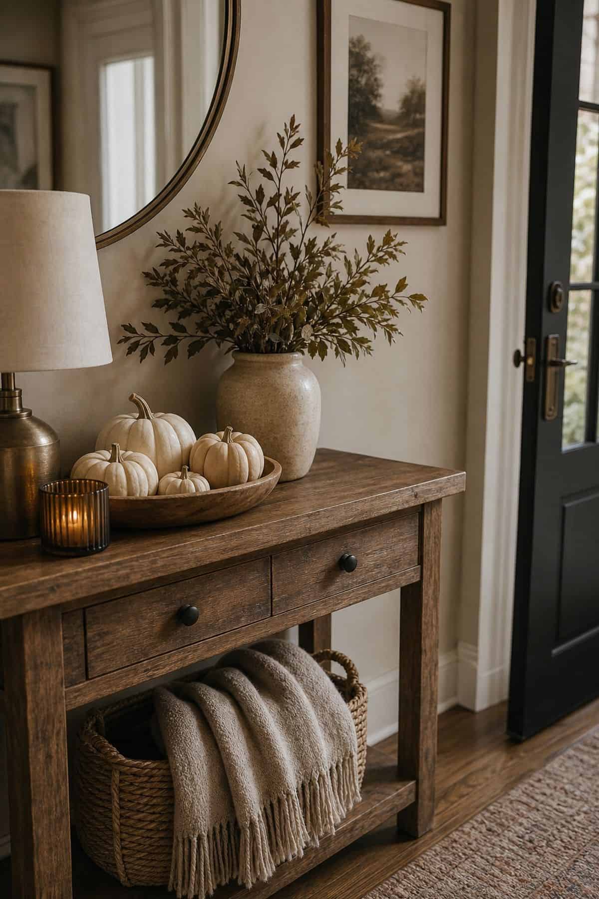 Shallow wood bowl of white and cream pumpkins on an entry console beside a ceramic vase of olive leaves, a lamp and a basket with a cream knit throw