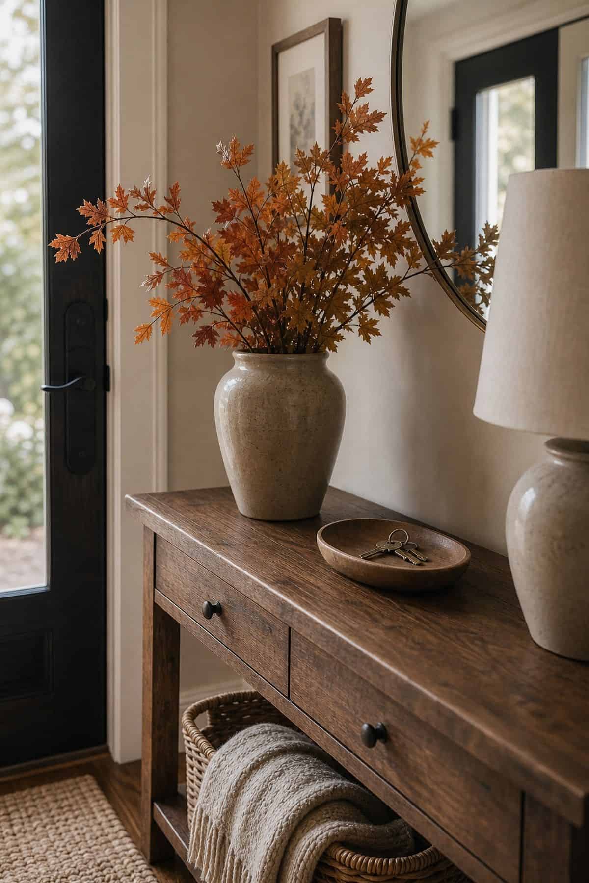 Entry console with a vase of orange branches and a lamp at the back corners and a small key dish left clear at the front edge