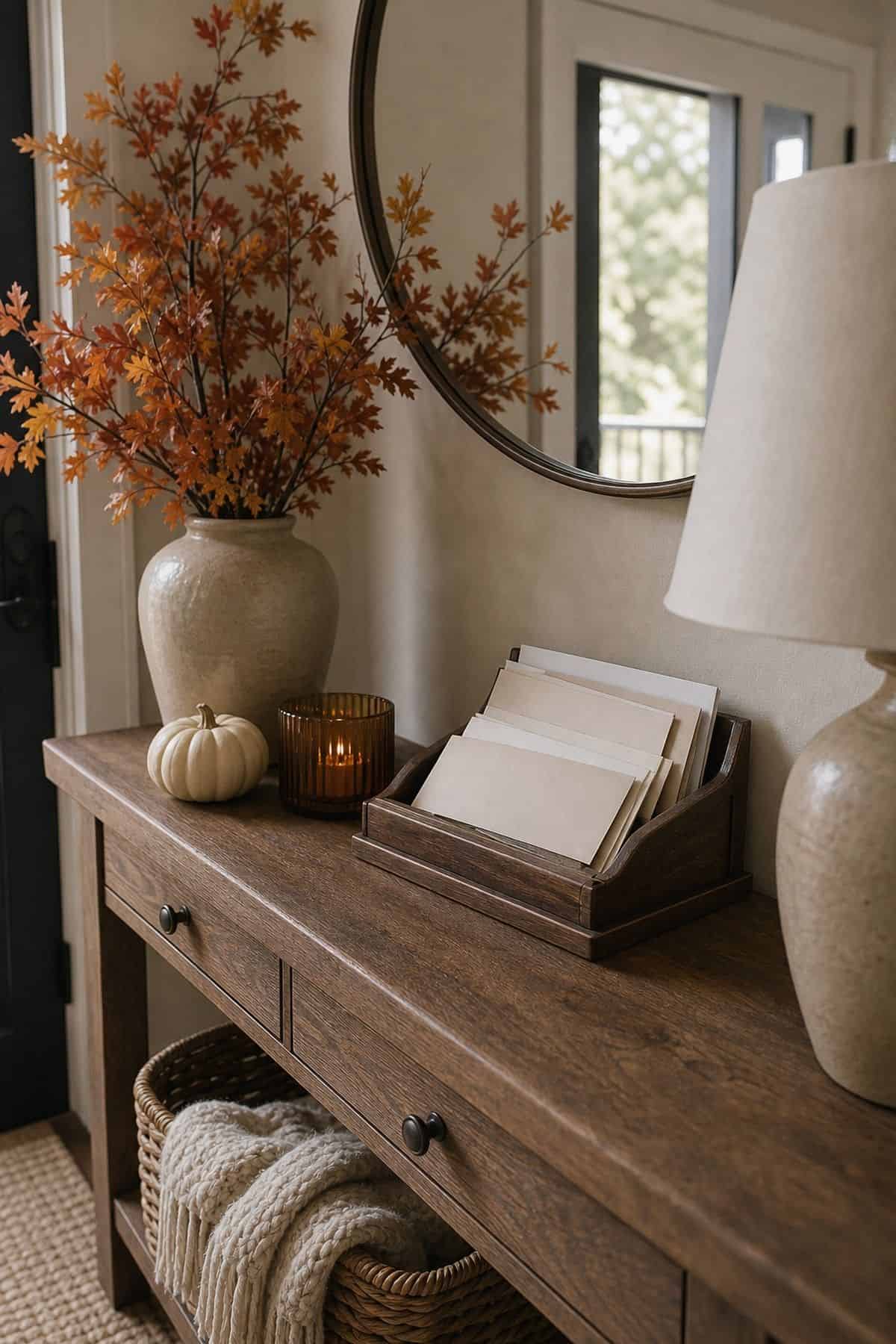 Small wood letter holder with envelopes on an entry console beside orange leaf branches, an amber votive and a little white pumpkin
