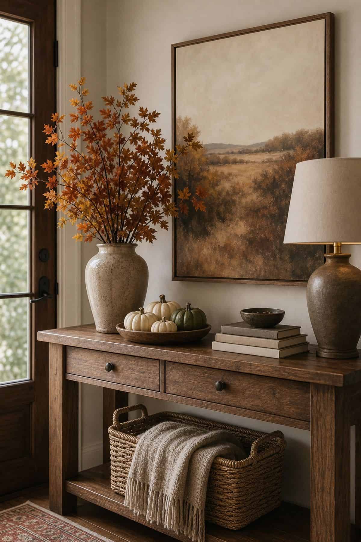 Framed golden field painting above an entry console with a vase of branches, a lamp, books and a bowl of mini pumpkins