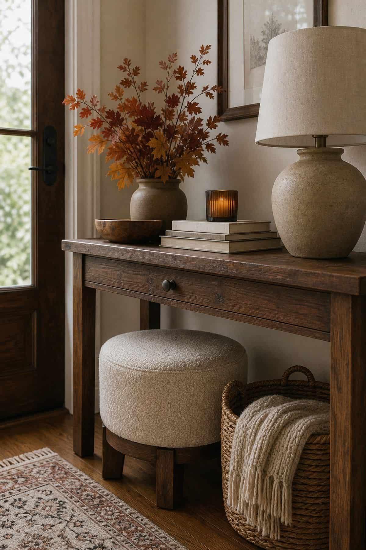 Round cream textured stool tucked under an entry console next to a basket with a folded throw, with a lamp and branches on top