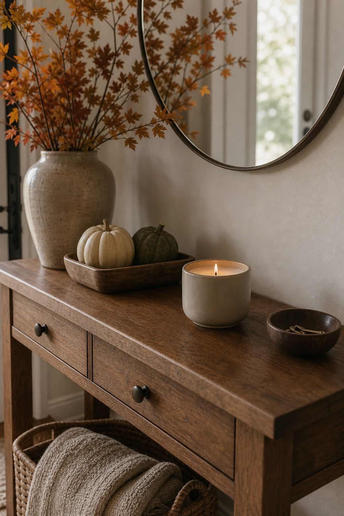Lit cream jar candle on an entry console with a round mirror, a vase of branches and a tray of small white and green pumpkins