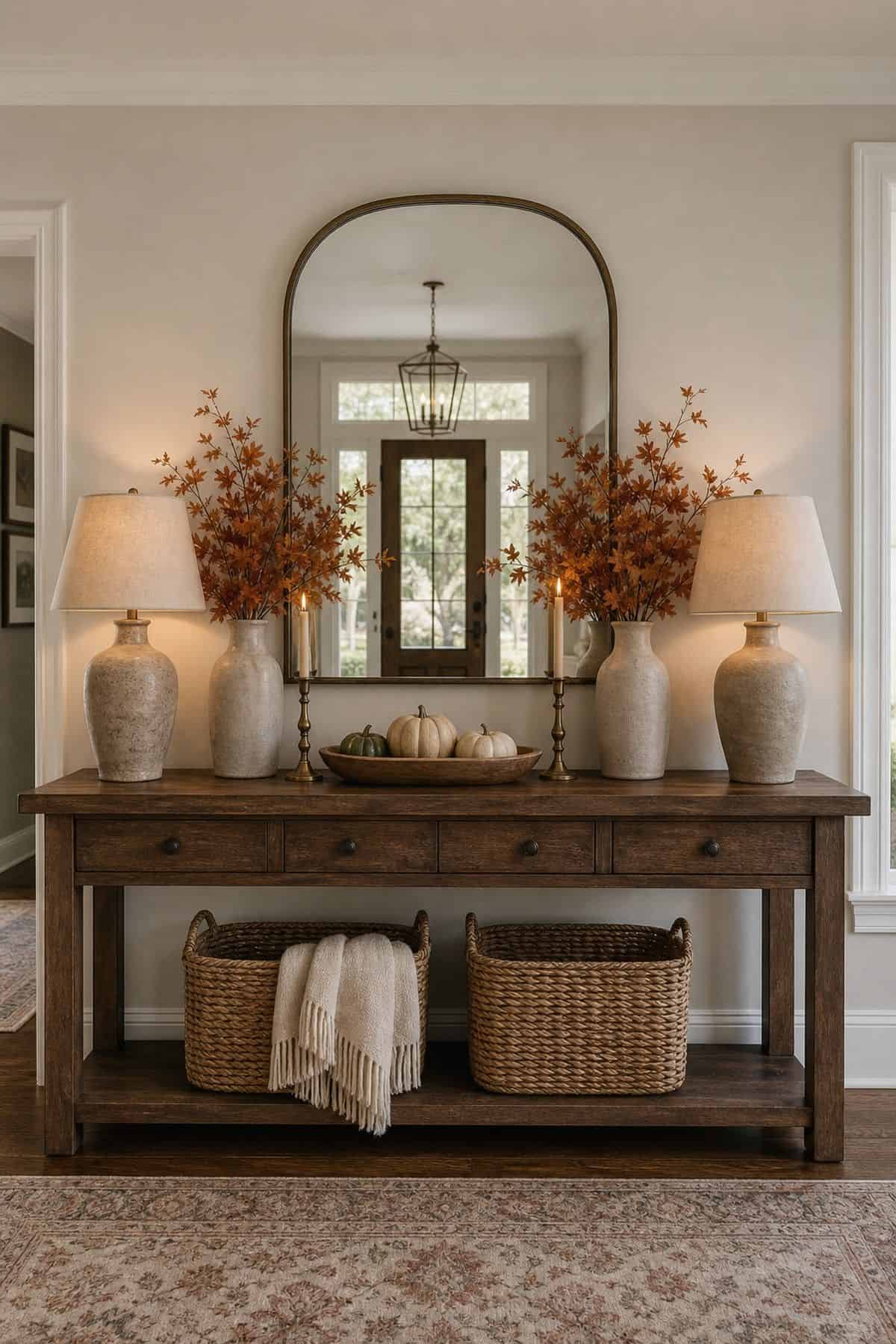 Long entry console styled symmetrically with matching lamps and branch vases on each side of an arched mirror and two baskets below