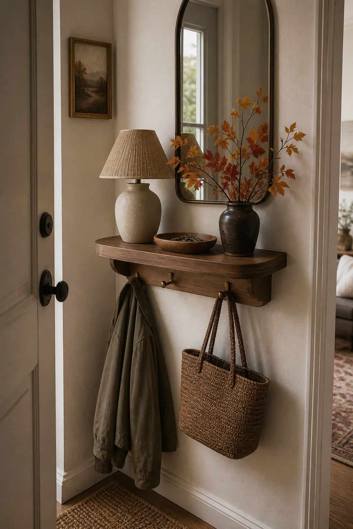 Narrow wall shelf in a hallway with a small lamp, a branch in a vase and a key tray, with a coat and woven bag hanging from hooks below