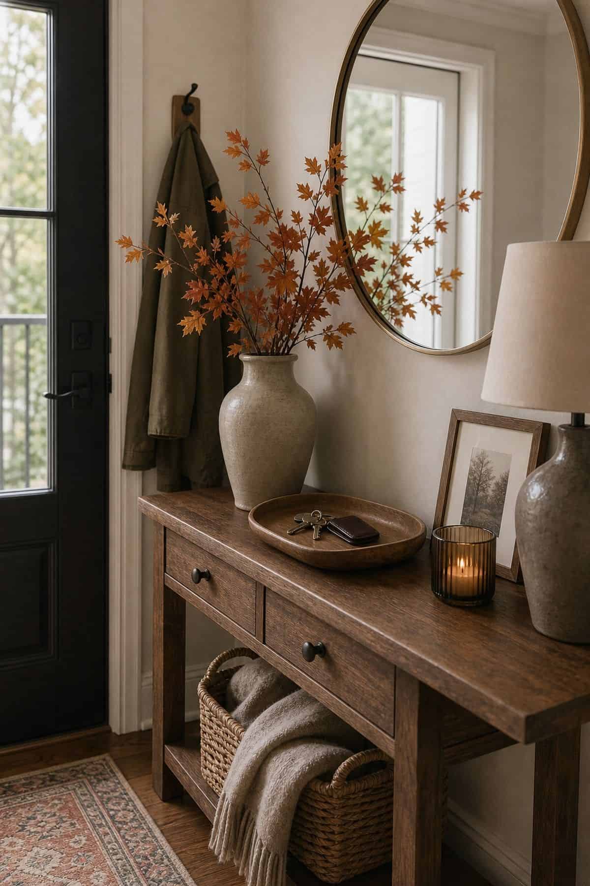 Round mirror above an entry console with a small dish, a little framed photo, a candle and branches, and a coat on a hook by the door