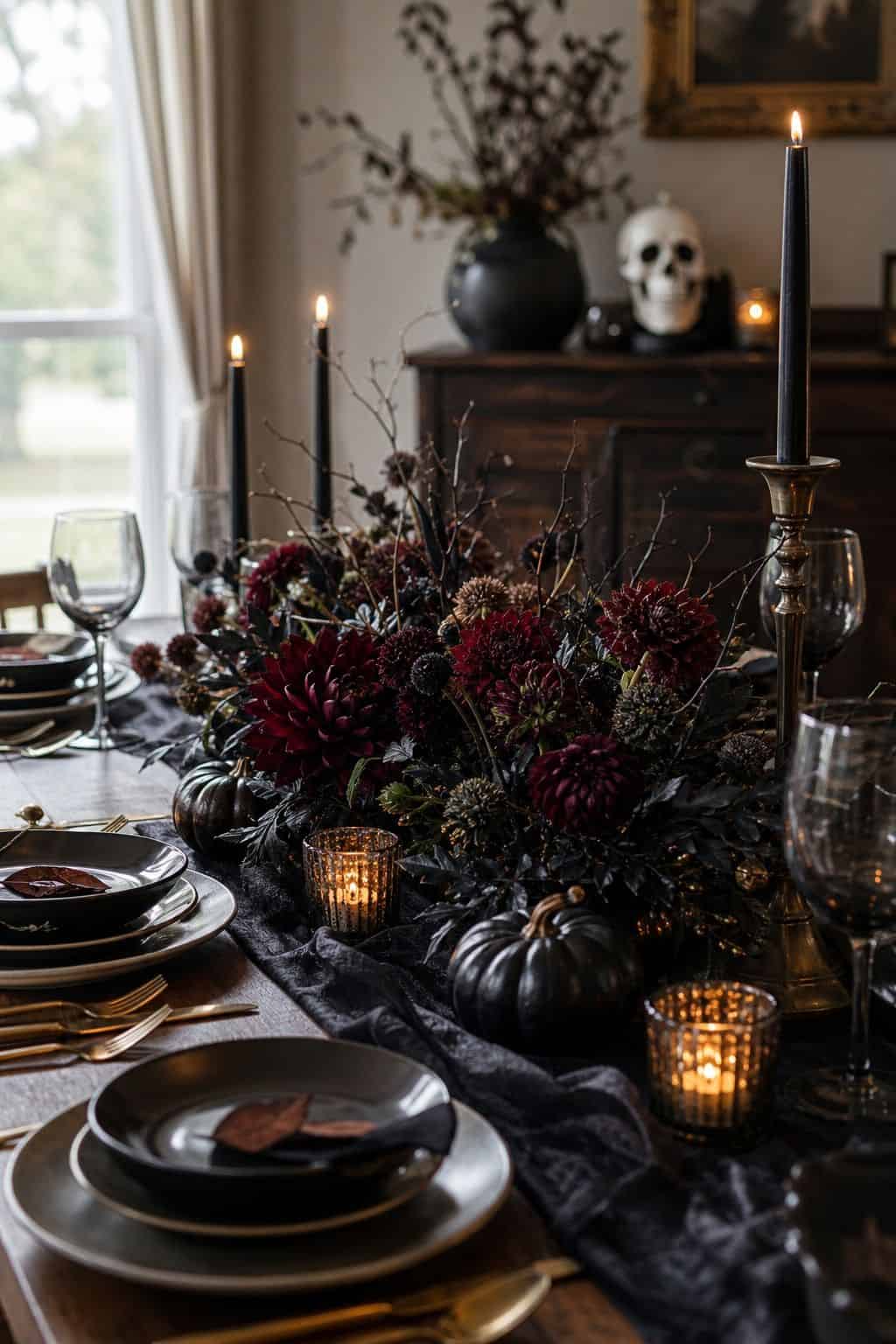 Low Dark Floral Centerpiece shown as a realistic Pretty Wild World image for 19 Halloween Dining Table Decor Ideas for a Spooky Dinner Party.