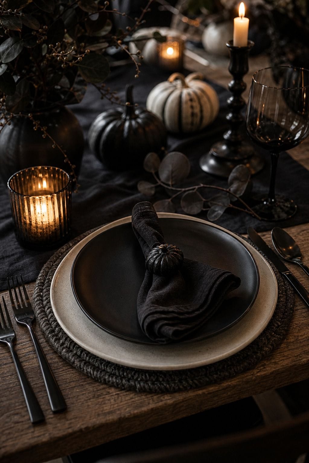 Matte Black Plates shown as a realistic Pretty Wild World image for 19 Halloween Dining Table Decor Ideas for a Spooky Dinner Party.
