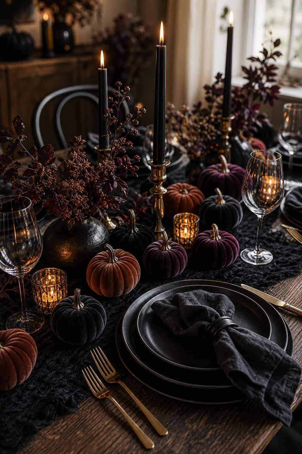 Velvet Pumpkin Accents shown as a realistic Pretty Wild World image for 19 Halloween Dining Table Decor Ideas for a Spooky Dinner Party.