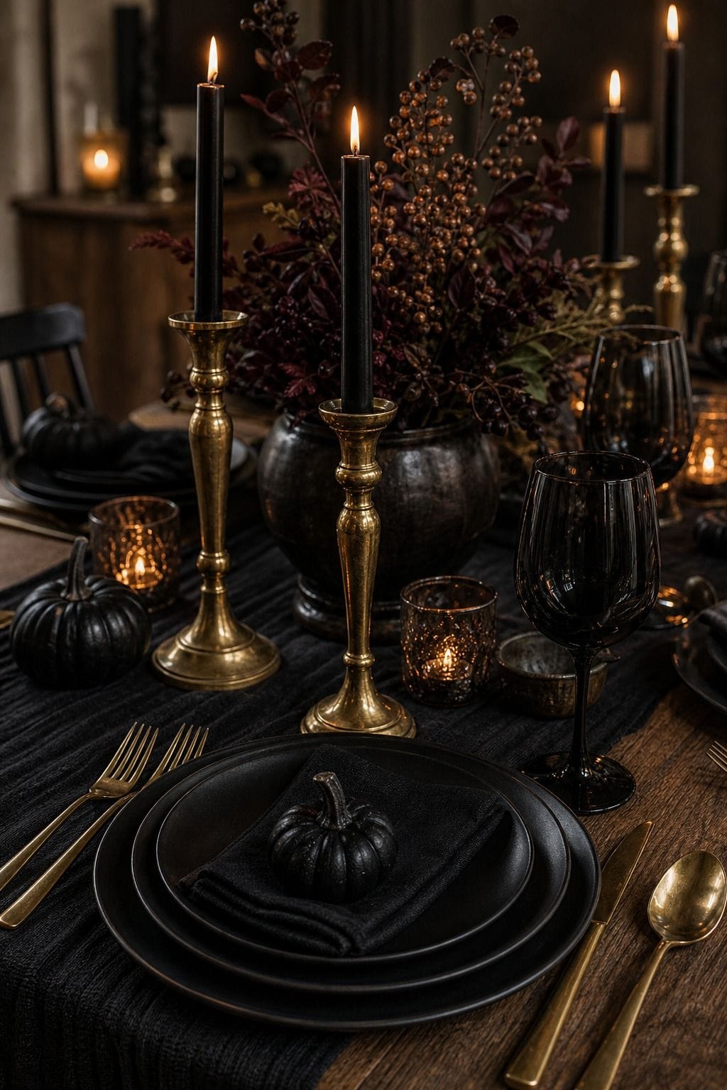 Brass Candlestick Contrast shown as a realistic Pretty Wild World image for 19 Halloween Dining Table Decor Ideas for a Spooky Dinner Party.