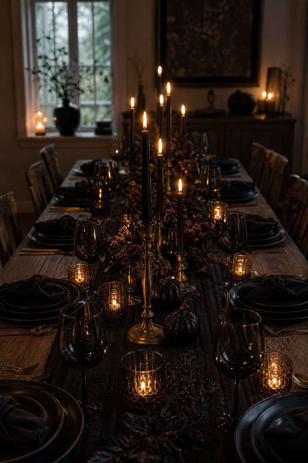 Long Table Candle Line shown as a realistic Pretty Wild World image for 19 Halloween Dining Table Decor Ideas for a Spooky Dinner Party.