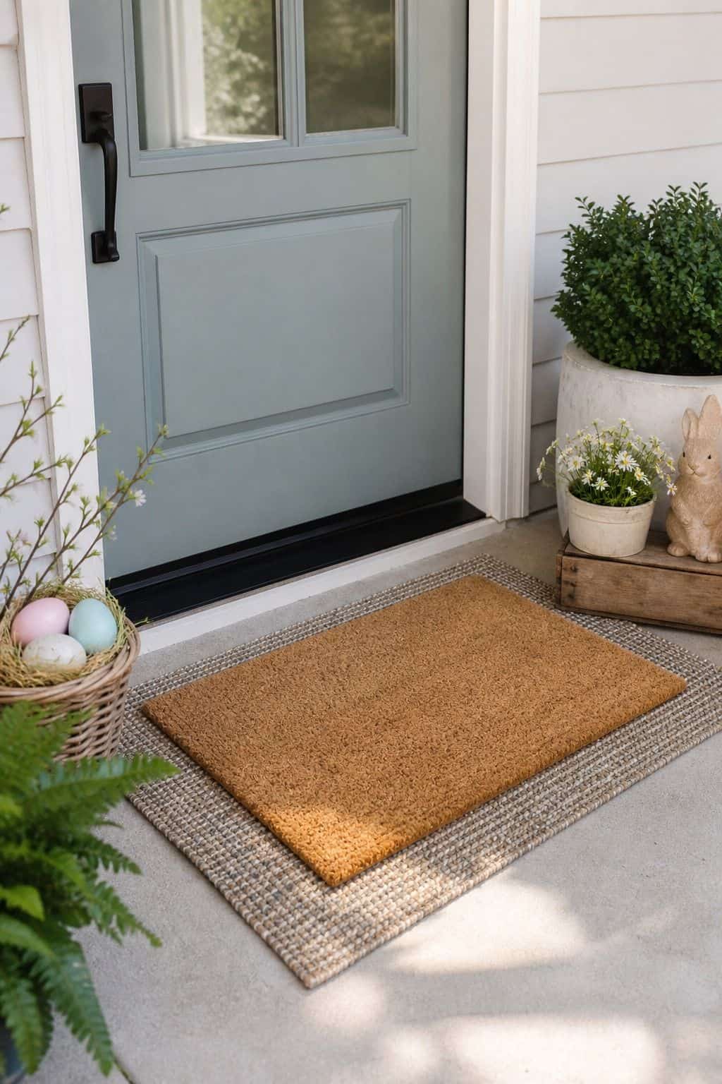 Layered Spring Doormat shown as a realistic Pretty Wild World image for 17 Easter Front Porch Decor Ideas for a Fresh Spring Welcome.