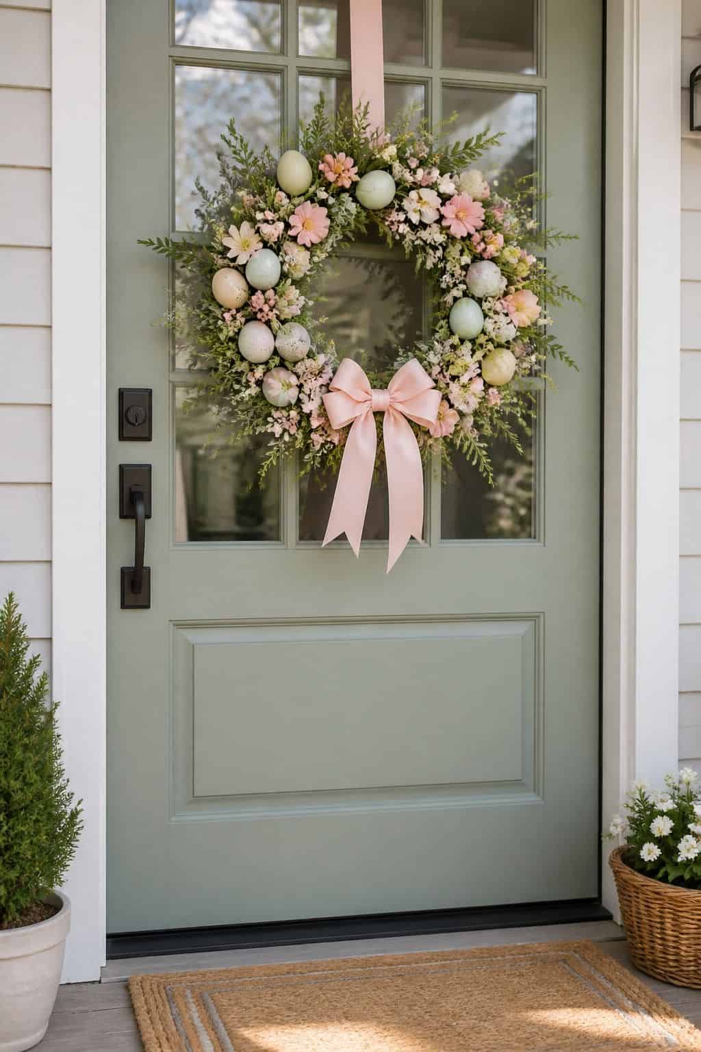 Pastel Wreath on the Door shown as a realistic Pretty Wild World image for 17 Easter Front Porch Decor Ideas for a Fresh Spring Welcome.