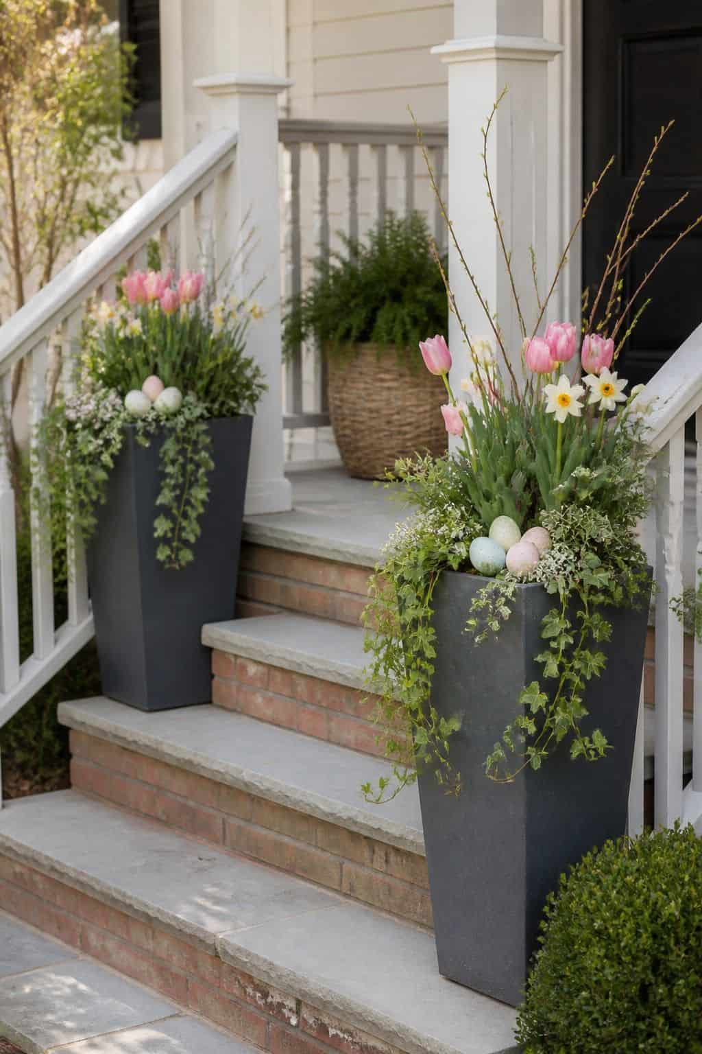 Tall Planters by the Steps shown as a realistic Pretty Wild World image for 17 Easter Front Porch Decor Ideas for a Fresh Spring Welcome.