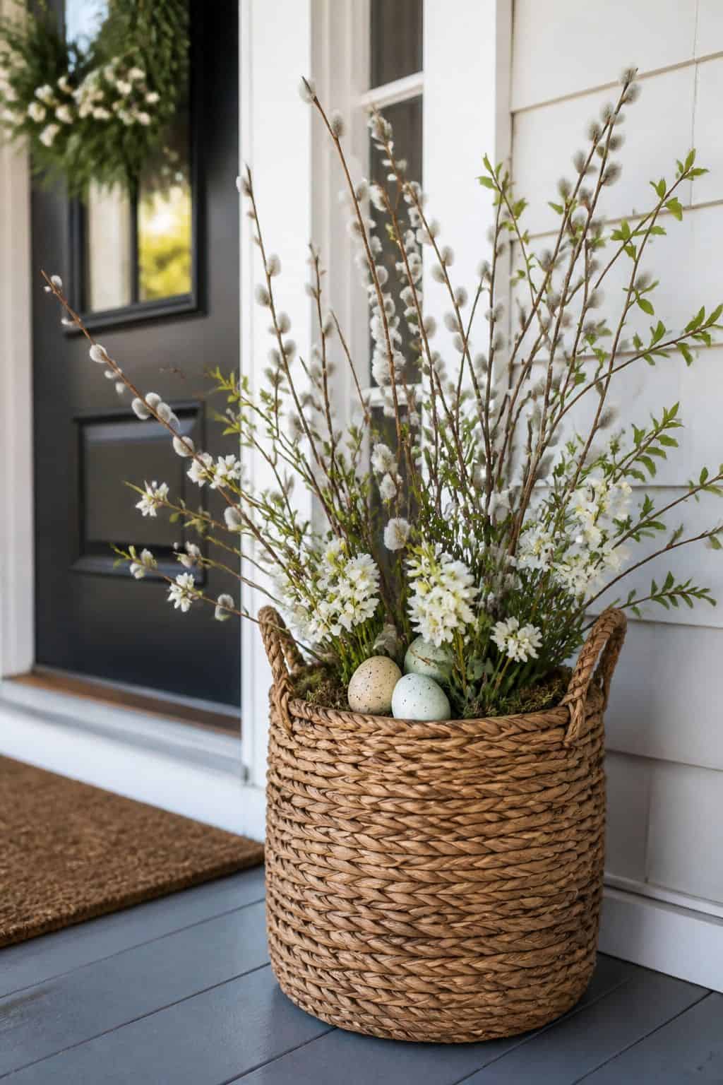 Woven Basket With Branches shown as a realistic Pretty Wild World image for 17 Easter Front Porch Decor Ideas for a Fresh Spring Welcome.
