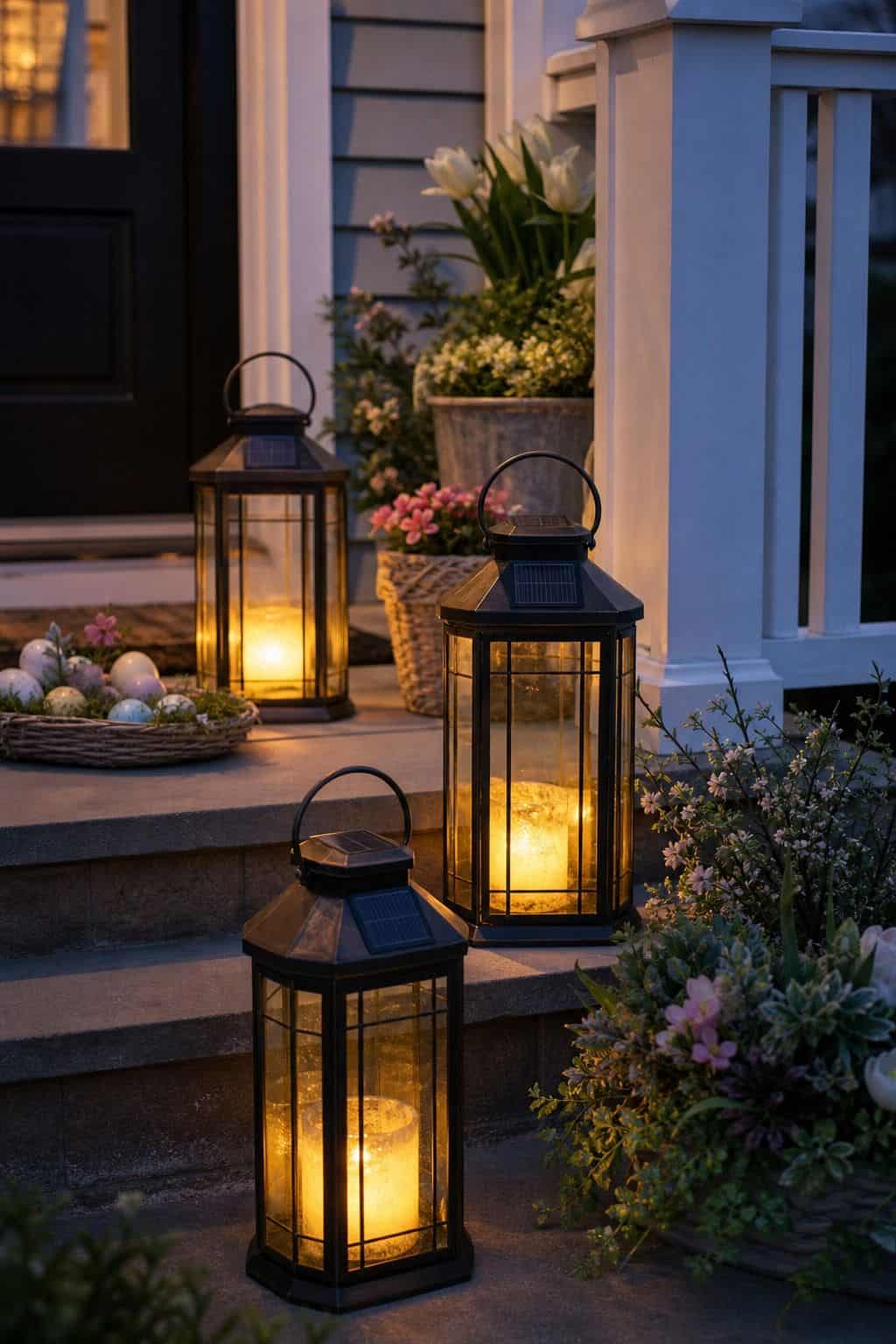 Warm Solar Lanterns shown as a realistic Pretty Wild World image for 17 Easter Front Porch Decor Ideas for a Fresh Spring Welcome.