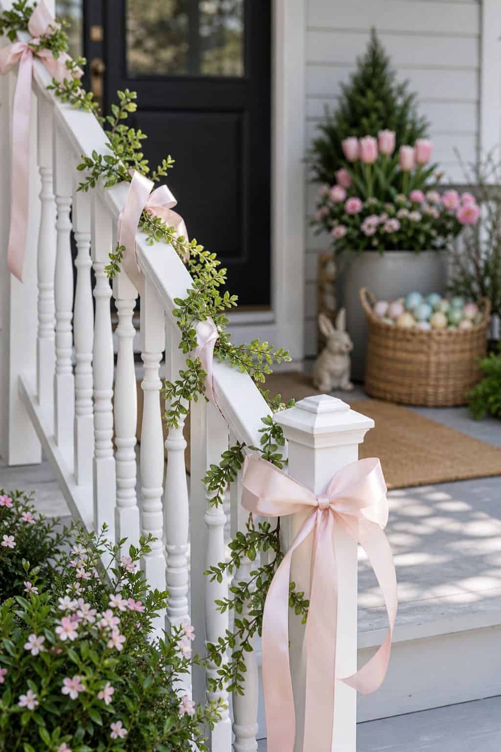 Ribbon on the Railing shown as a realistic Pretty Wild World image for 17 Easter Front Porch Decor Ideas for a Fresh Spring Welcome.