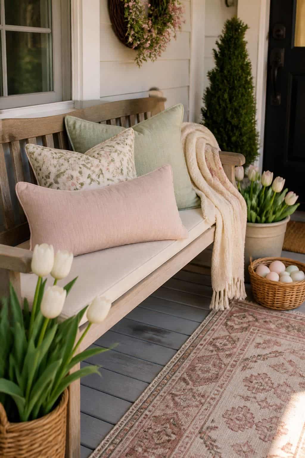 Fresh Porch Bench Pillow shown as a realistic Pretty Wild World image for 17 Easter Front Porch Decor Ideas for a Fresh Spring Welcome.