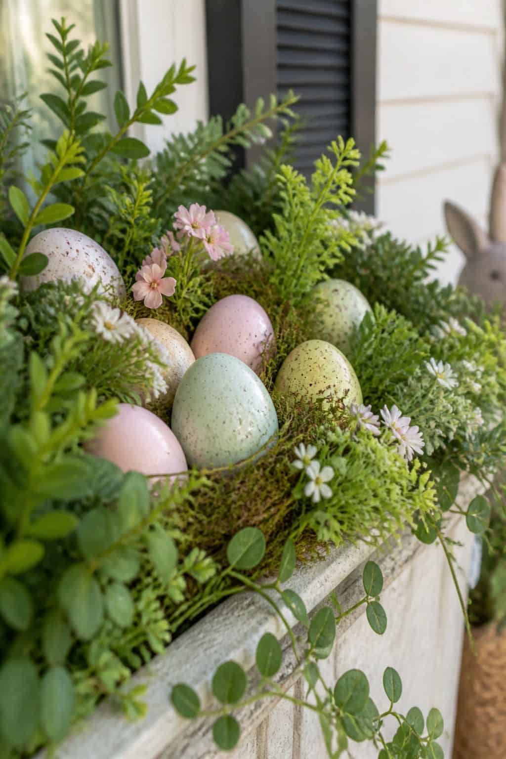 Eggs Tucked Into Greenery shown as a realistic Pretty Wild World image for 17 Easter Front Porch Decor Ideas for a Fresh Spring Welcome.