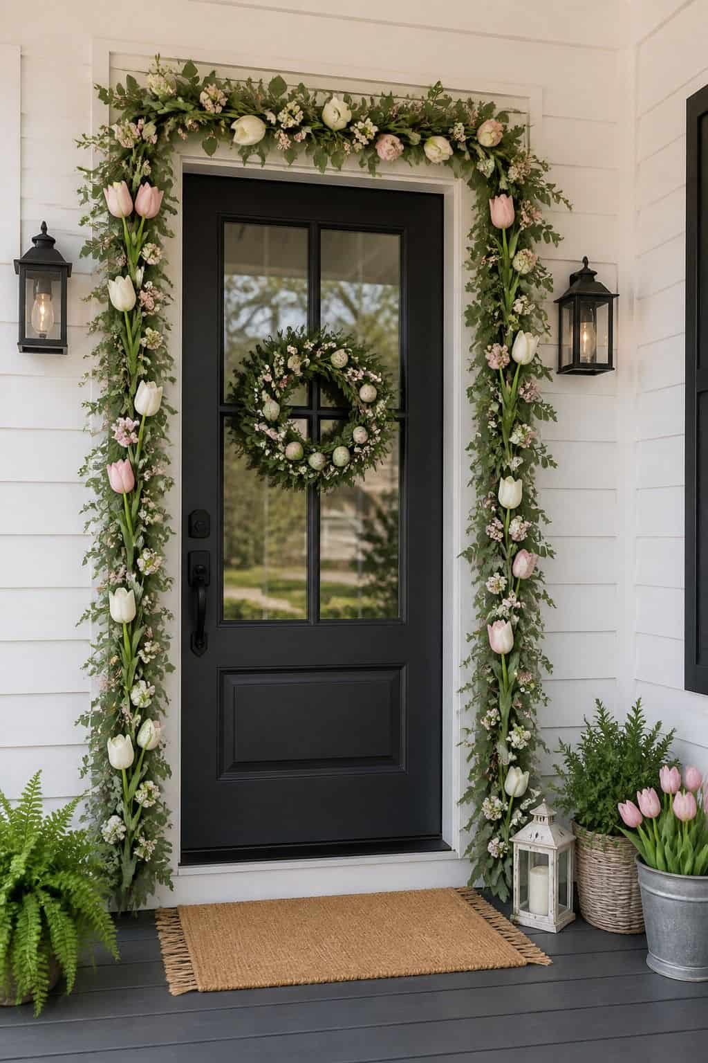 Spring Garland Around the Door shown as a realistic Pretty Wild World image for 17 Easter Front Porch Decor Ideas for a Fresh Spring Welcome.