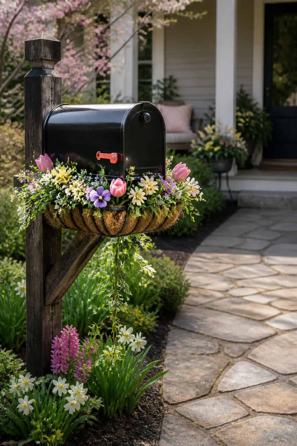 Mailbox Flower Moment shown as a realistic Pretty Wild World image for 17 Easter Front Porch Decor Ideas for a Fresh Spring Welcome.